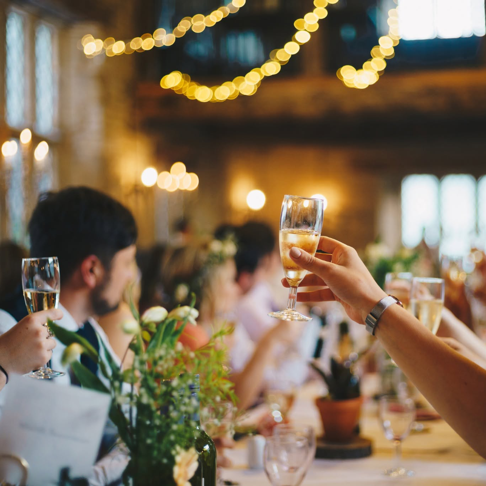 People toasting the happy couple at a wedding.