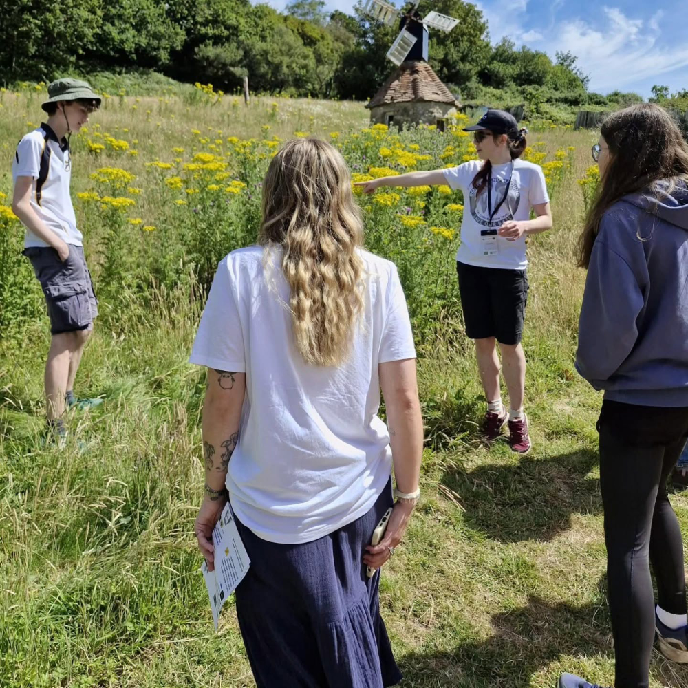 A person giving a wildlife talk in a meadow.