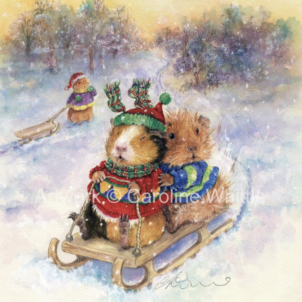 A painting of guinea pigs on a sledge.