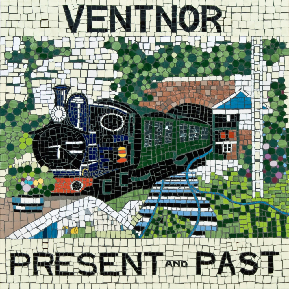 A mosaic of a steam train titled Ventnor Past and Present