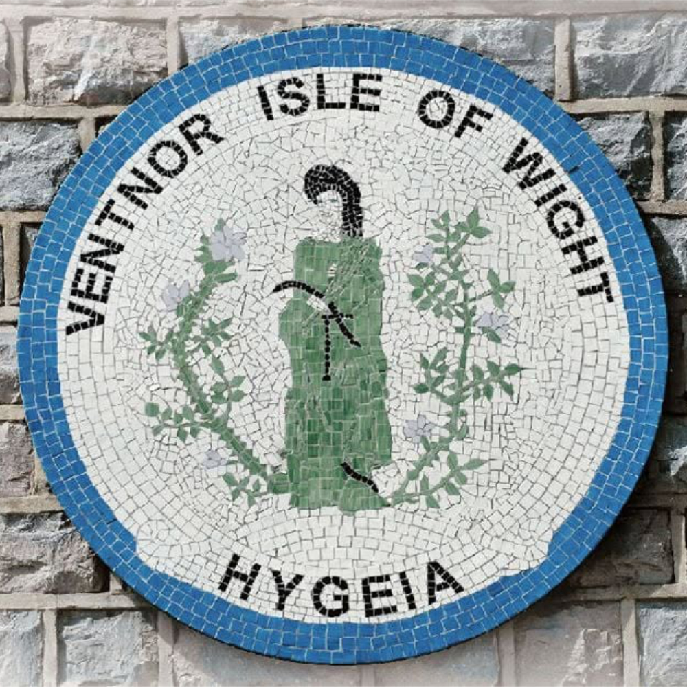 A mosaic sign for Ventnor Isle of Wight, depicting Hygeia, the ancient Greek goddess of health.