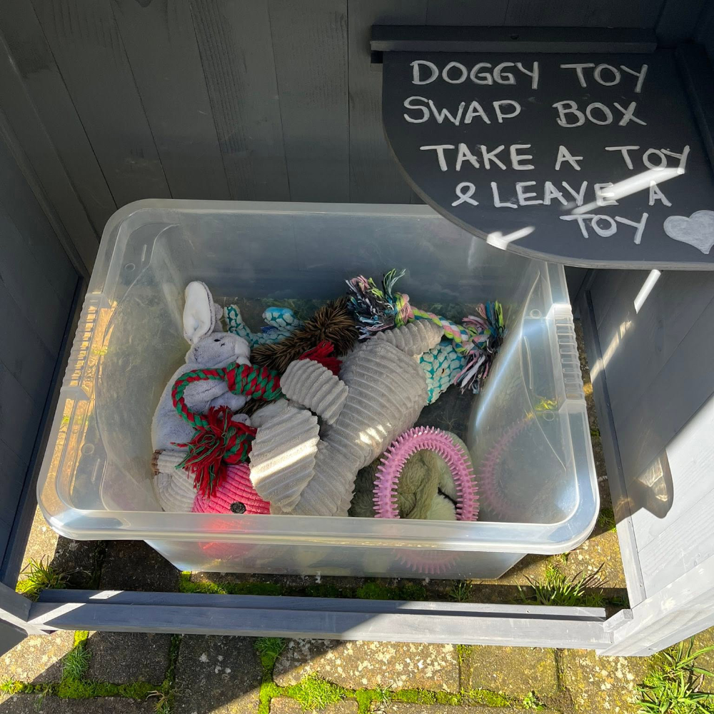 A dog toy swap basket.