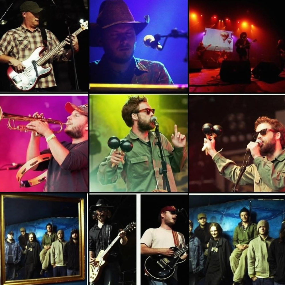 A montage of photos of the band The Bees.