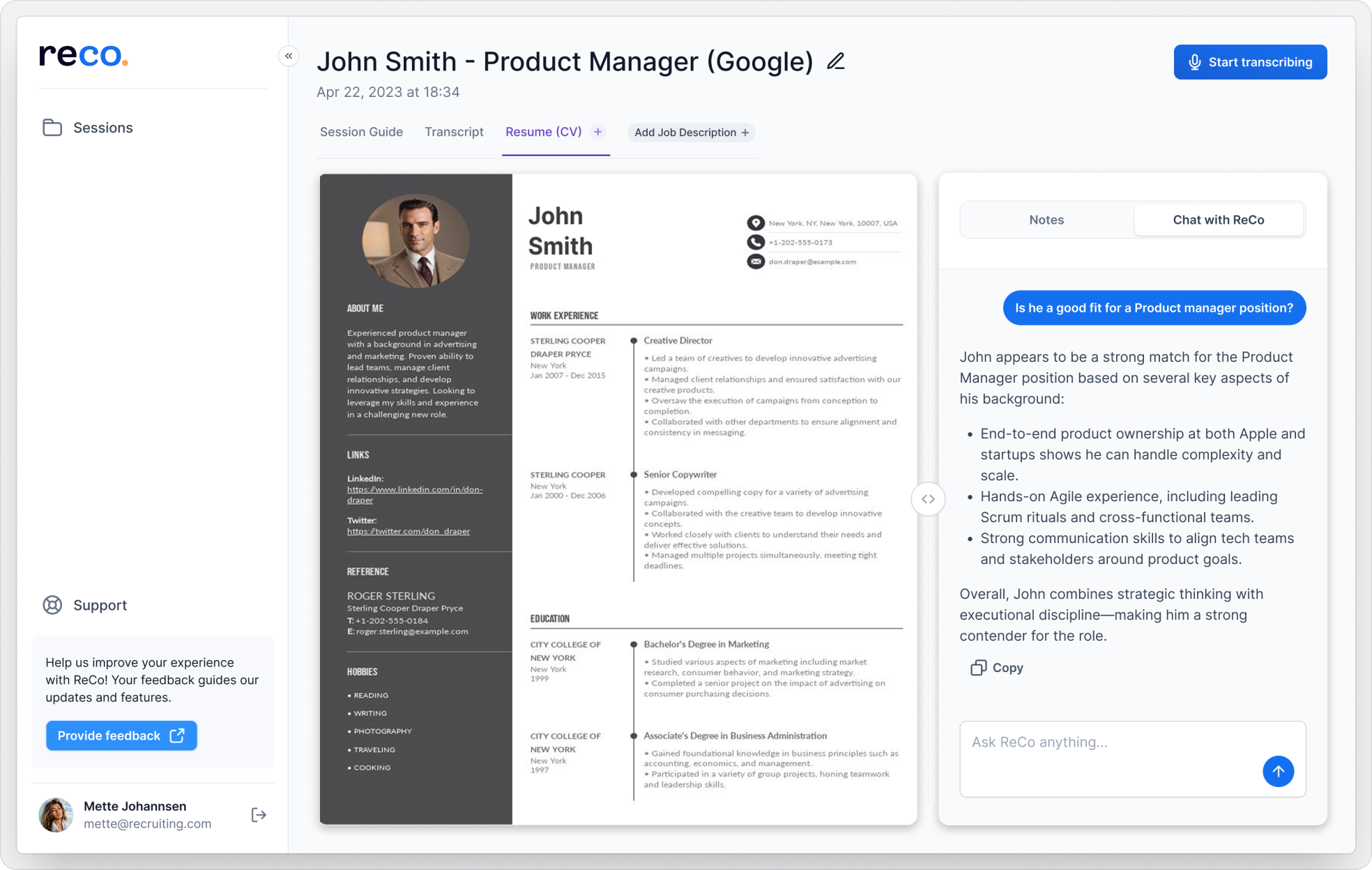 Screenshot of a neatly organized recruiting workspace in ReCo