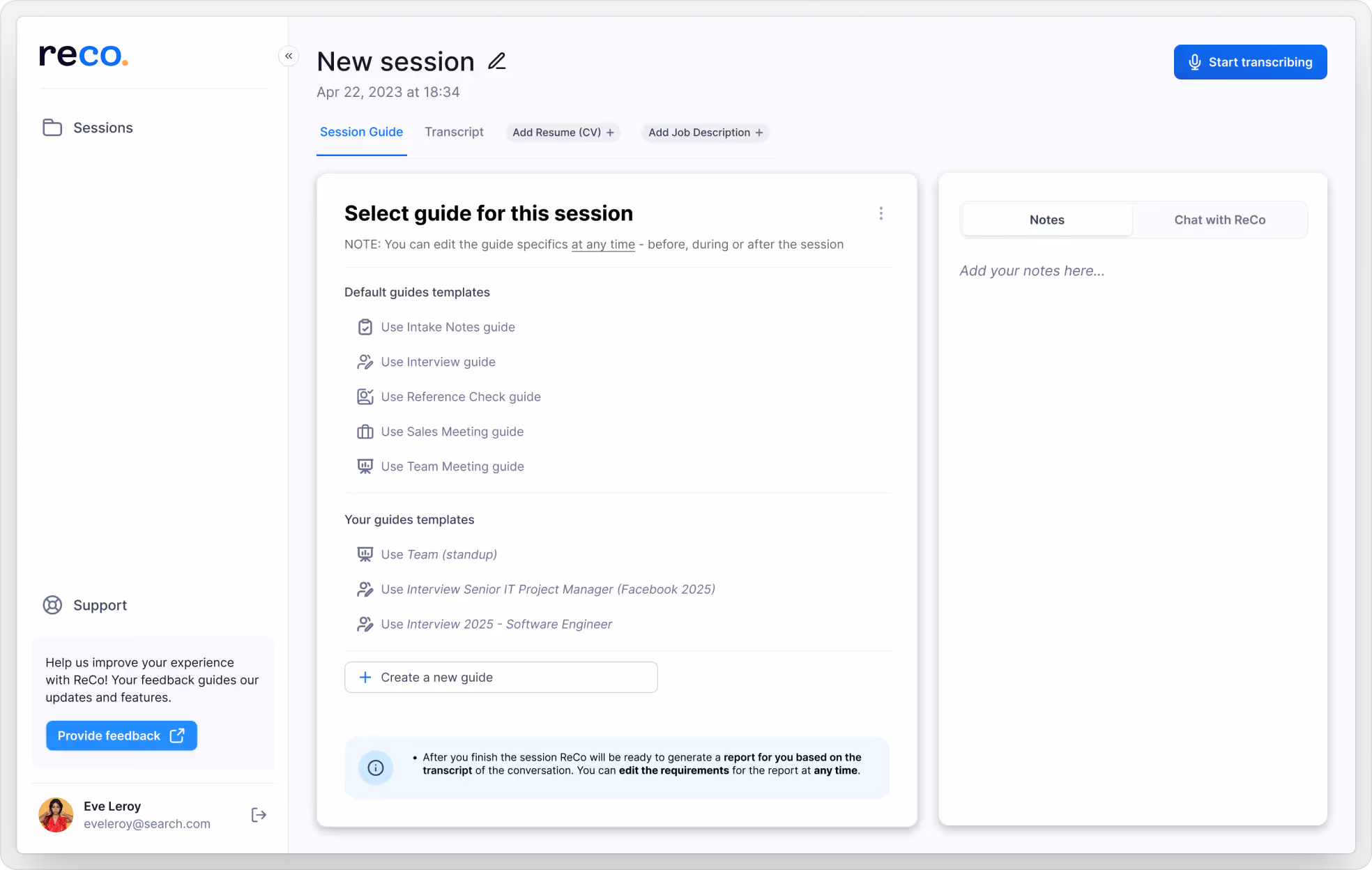 Screenshot of a templates list in ReCo