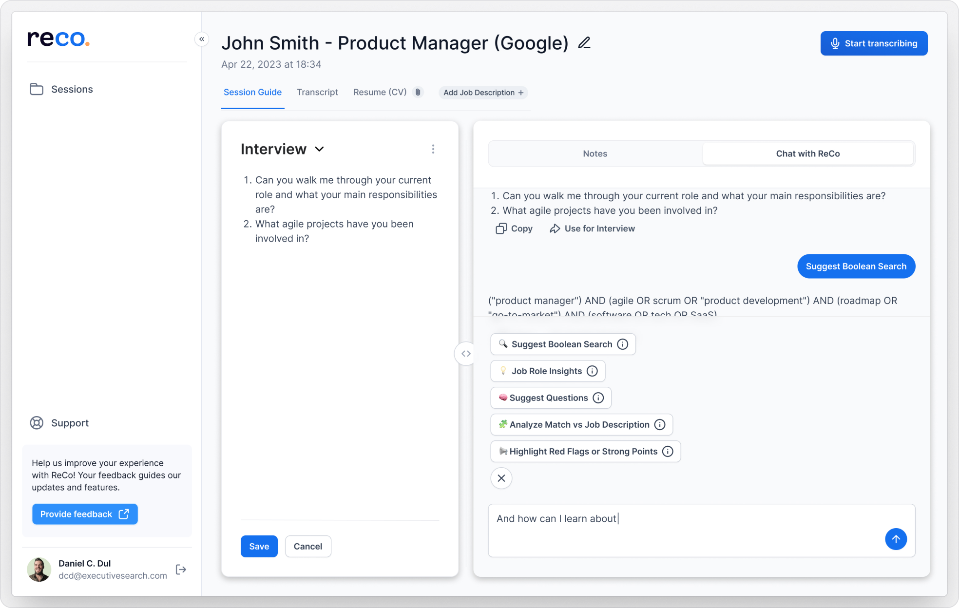screenshot of Chat with ReCo feature - ChatGPT-like in-context recruiter's support