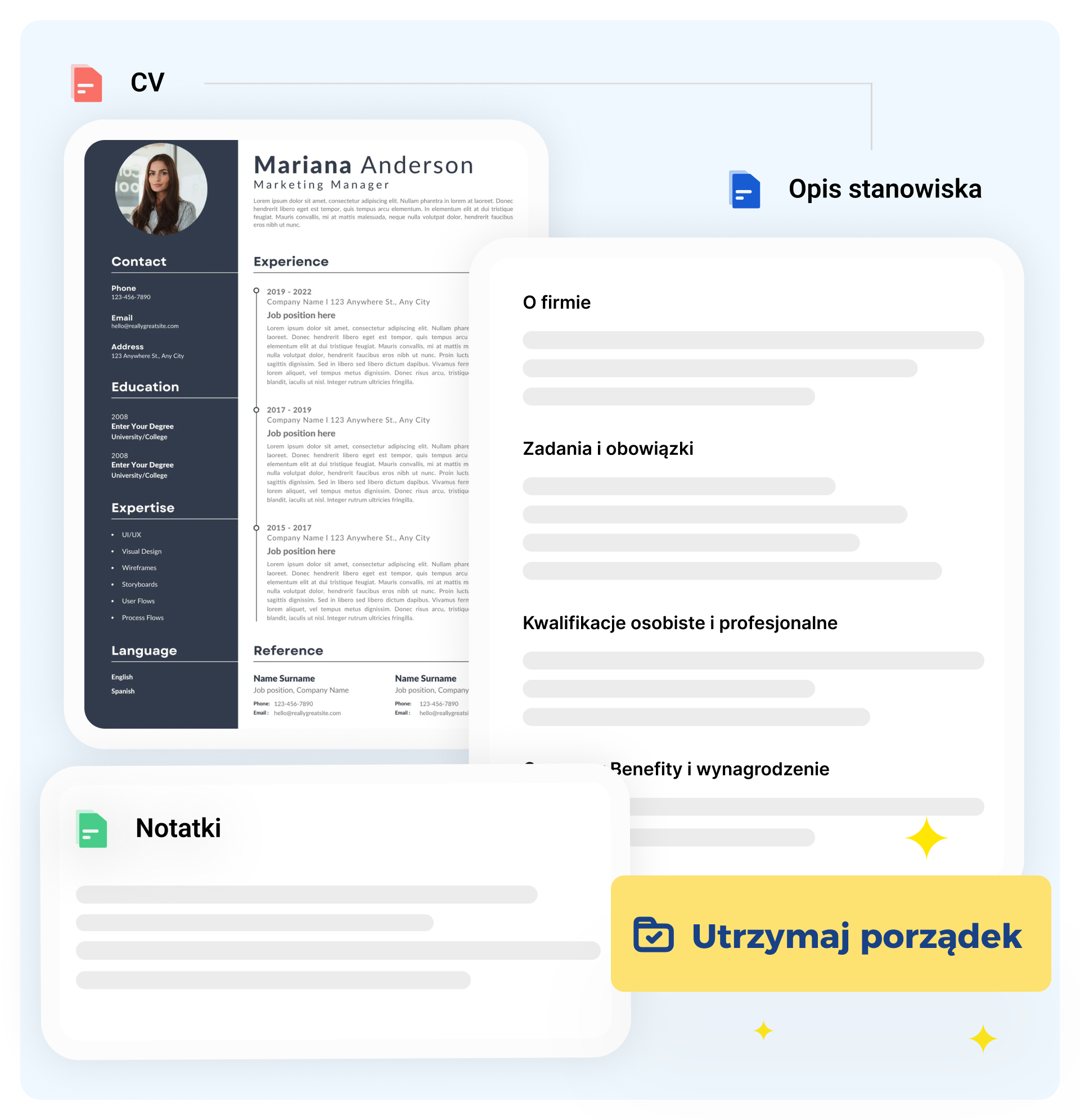 Widok jednego ekranu z CV kandydata, opisem stanowiska i notatkami rozmowy — z przyciskiem ‘Zachowaj porządek’, symbolizującym uporządkowany workflow rekrutera