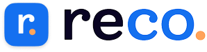 Reco logo with a stylized lowercase 'r' in blue square and the word 'reco.' in black and blue letters with an orange dot.