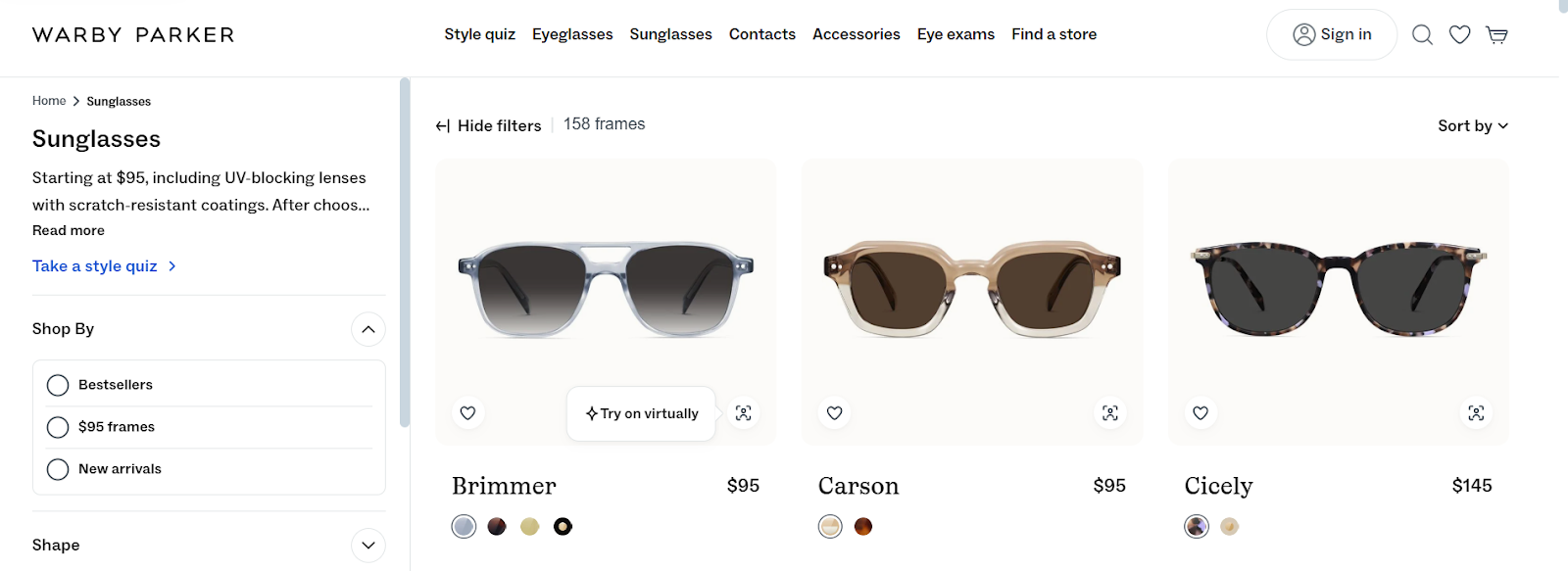 Warby Parker B2C product pages