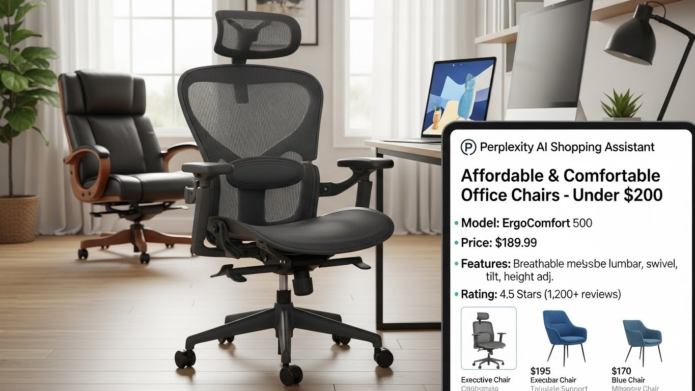 Using Perplexity AI Shopping Assistant for "affordable comfortable office chairs at 200 USD"