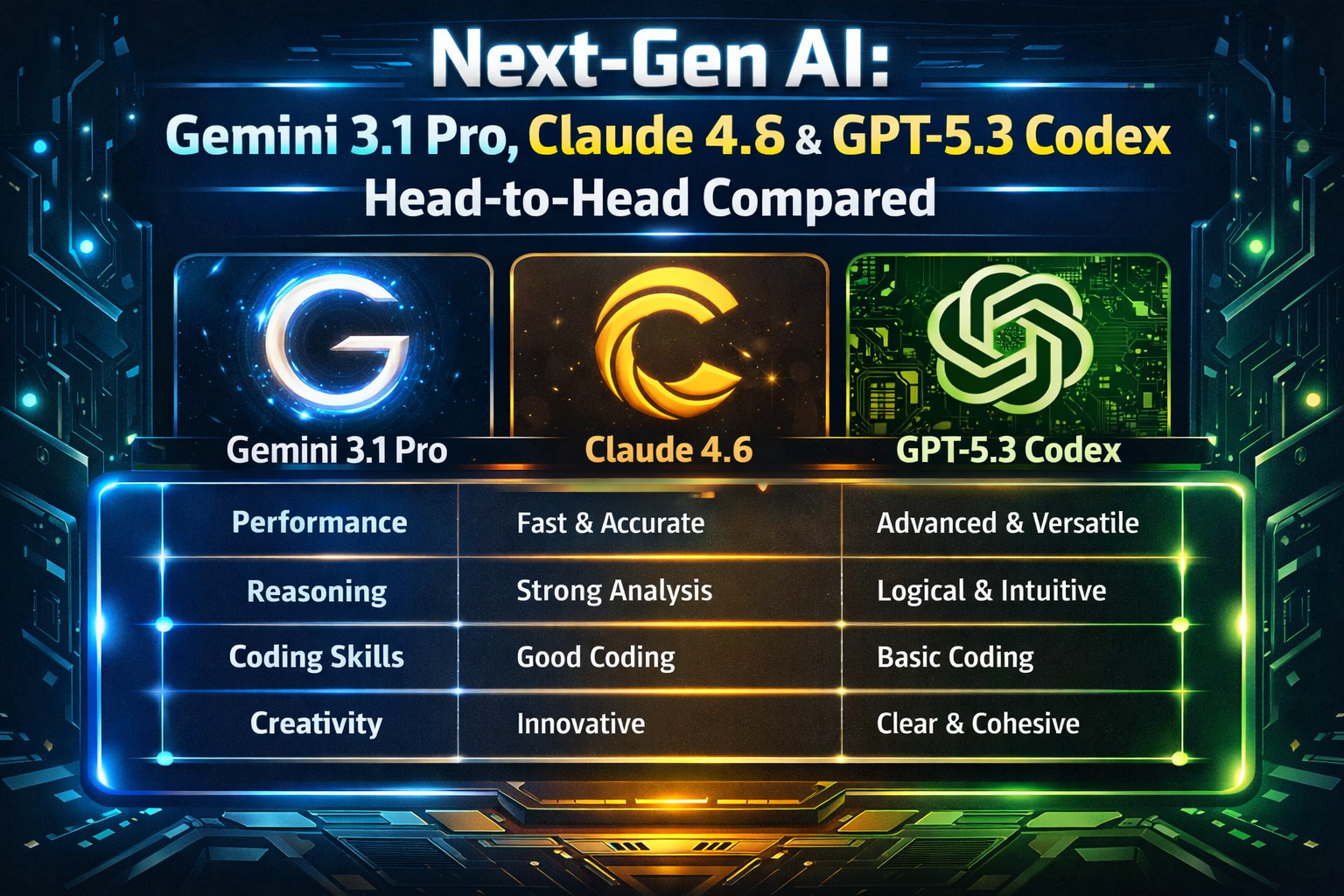 Next-Gen AI Gemini 3.1 Pro, Claude 4.6 & GPT-5.3 Codex Head-to-Head Compared