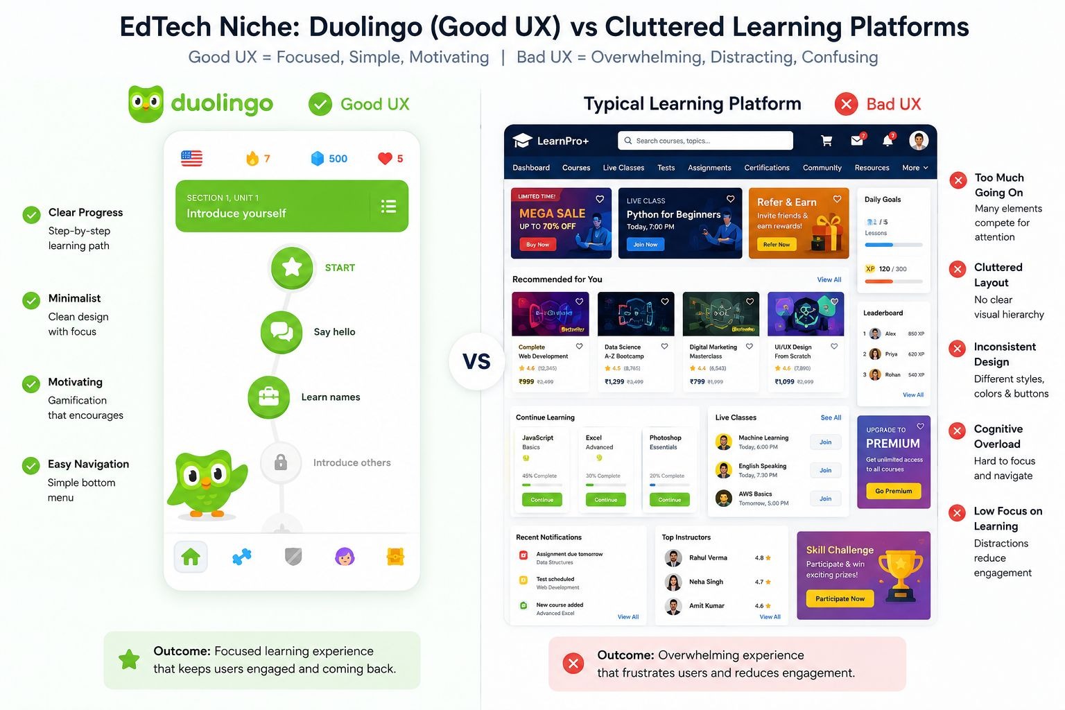 Duolingo (Good UX) vs Cluttered Learning Platforms - 1K JPEG