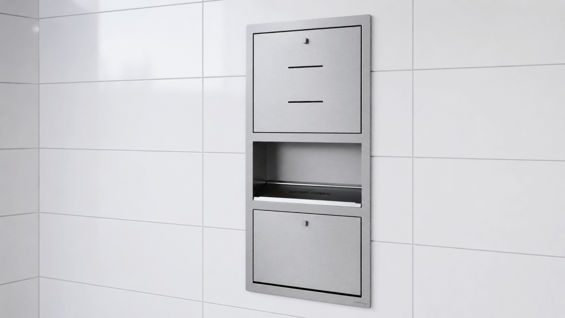 Double Jumbo Roll Dispenser + Slim-Line Sanitary Disposal, Stainless Steel, Recessed, Front Service