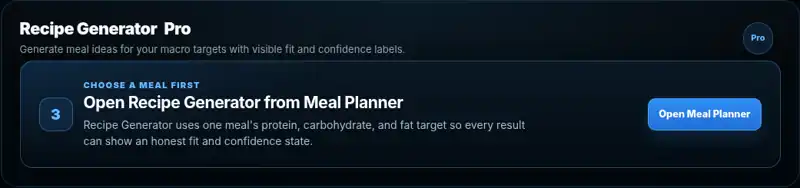 Nutrition Lab Recipe Generator opened from a planned meal target