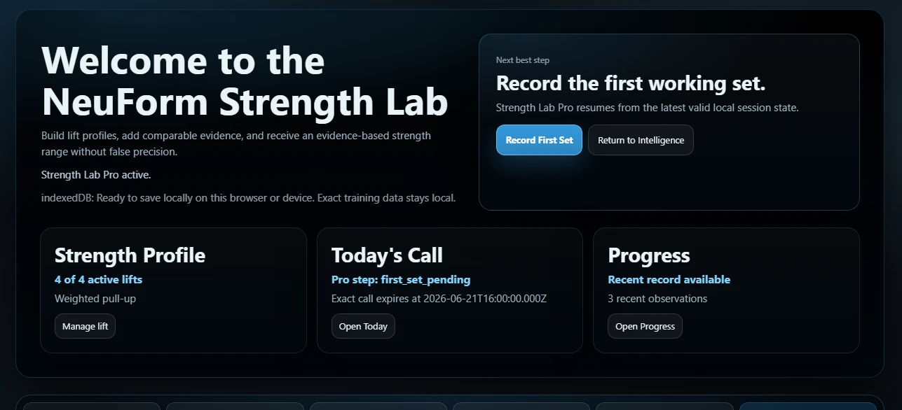 Strength Lab Today state showing the next working-set decision and current strength context