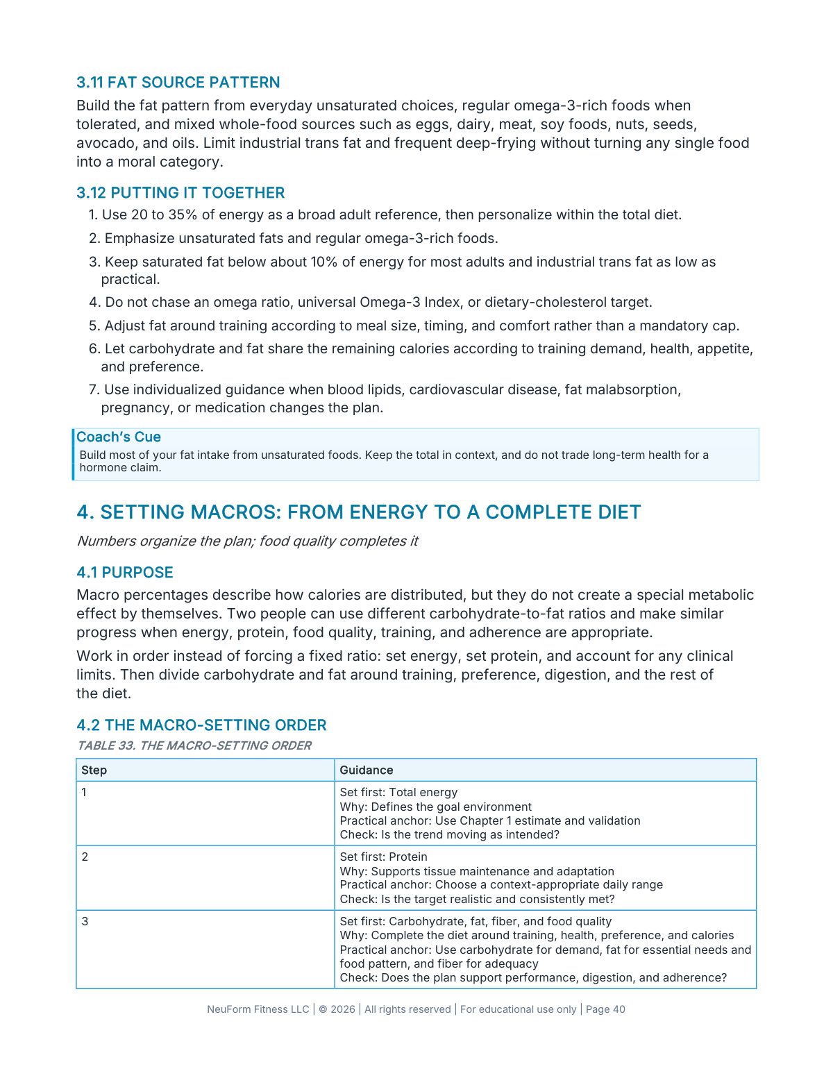 Actual interior page from NeuForm Nutrition Fundamentals showing the macro-setting order and decision sequence.