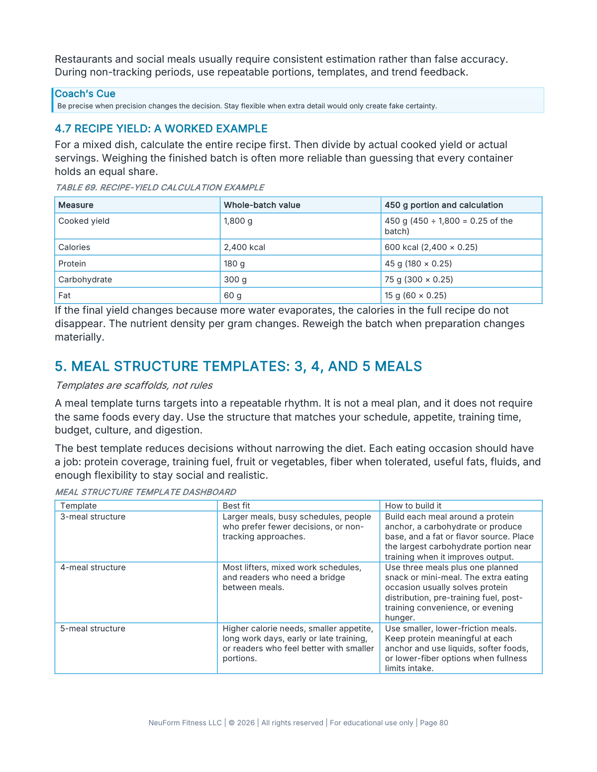 Actual interior page from NeuForm Nutrition Fundamentals showing flexible meal-structure guidance.