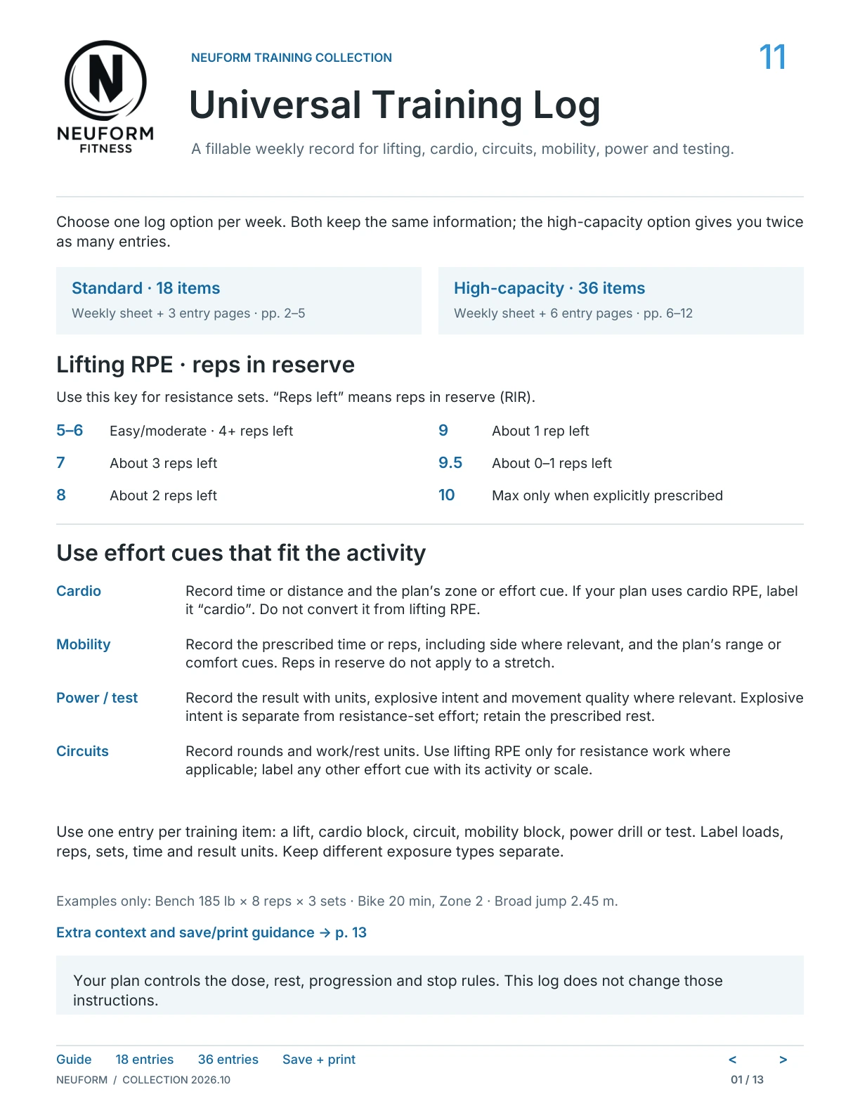 NeuForm Universal Training Log, edition 2026.10: cover, page 1.