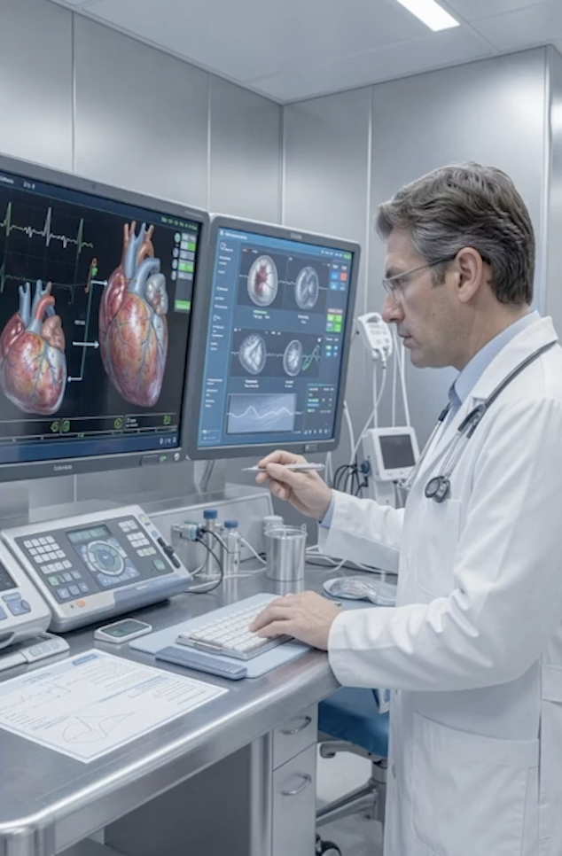 Doctor in lab coat examining heart images and data on dual monitors in medical lab.