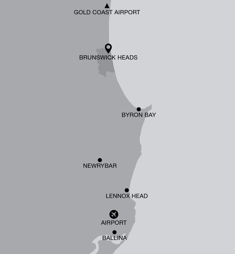 A simple map of the northern coast of New South Wales in Australia. The map shows the location of Brunswick Heads in relation to Ballina, Airport, Lennox Head, Newrybar, Byron Bay and Gold Coast Airport.