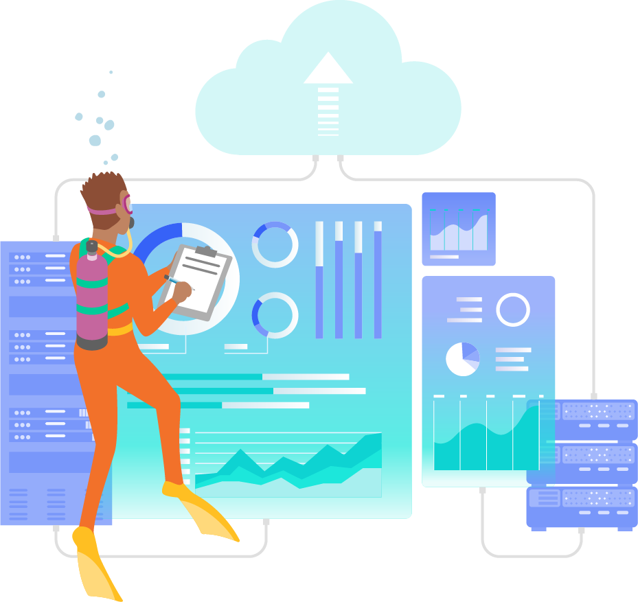 a DataDiver character standing in front of a big screen showing dashboards and cloud data
