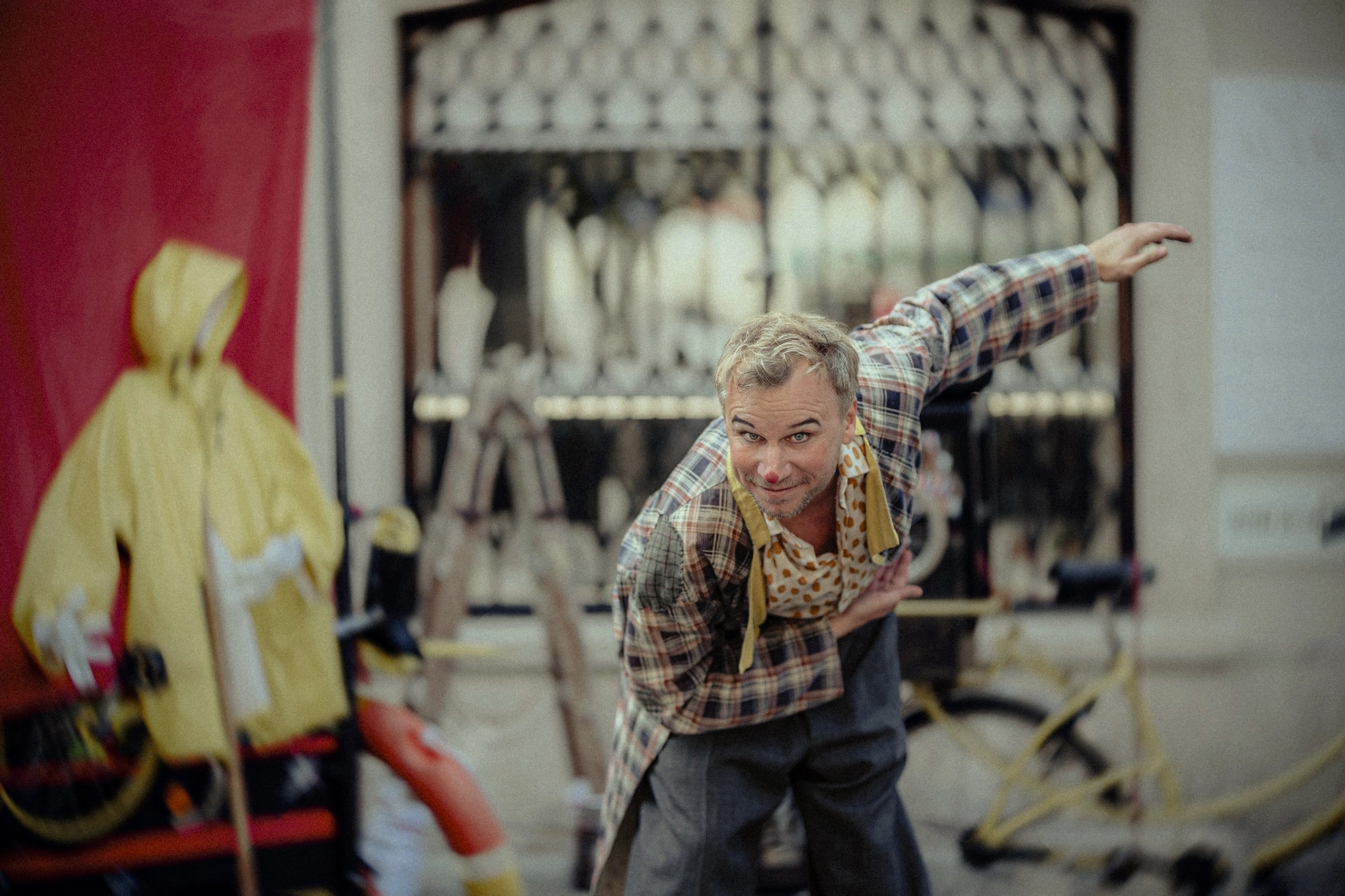 Nikolett Kustos photographed Film Still from movie Four Minus Three (Vier Minus Drei). A young man dressed as a clown( actor Robert Stadlober).