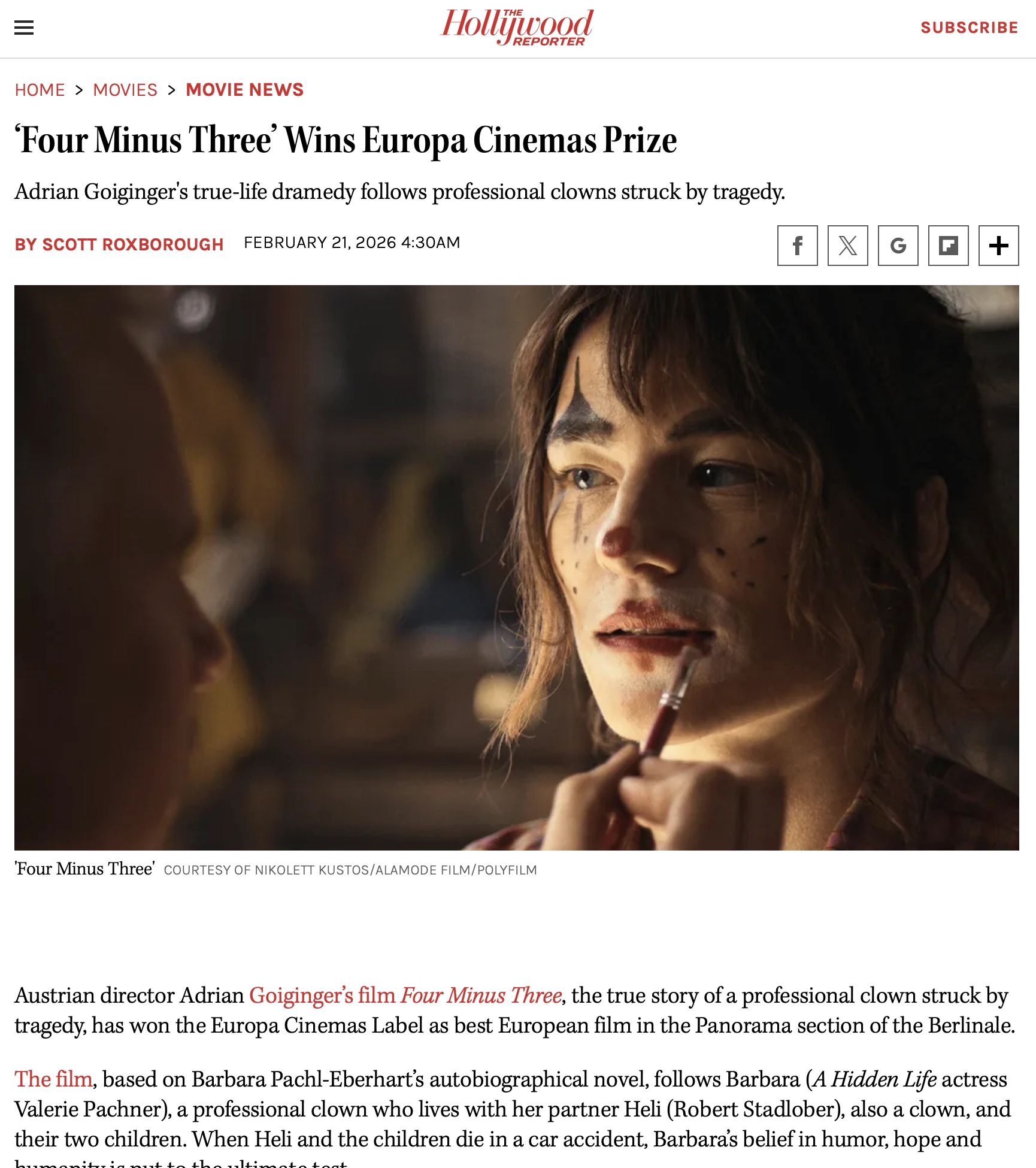 The Hollywood Reporter article of Four Minus Three wins Europa Cinemas Prize at Berlinale