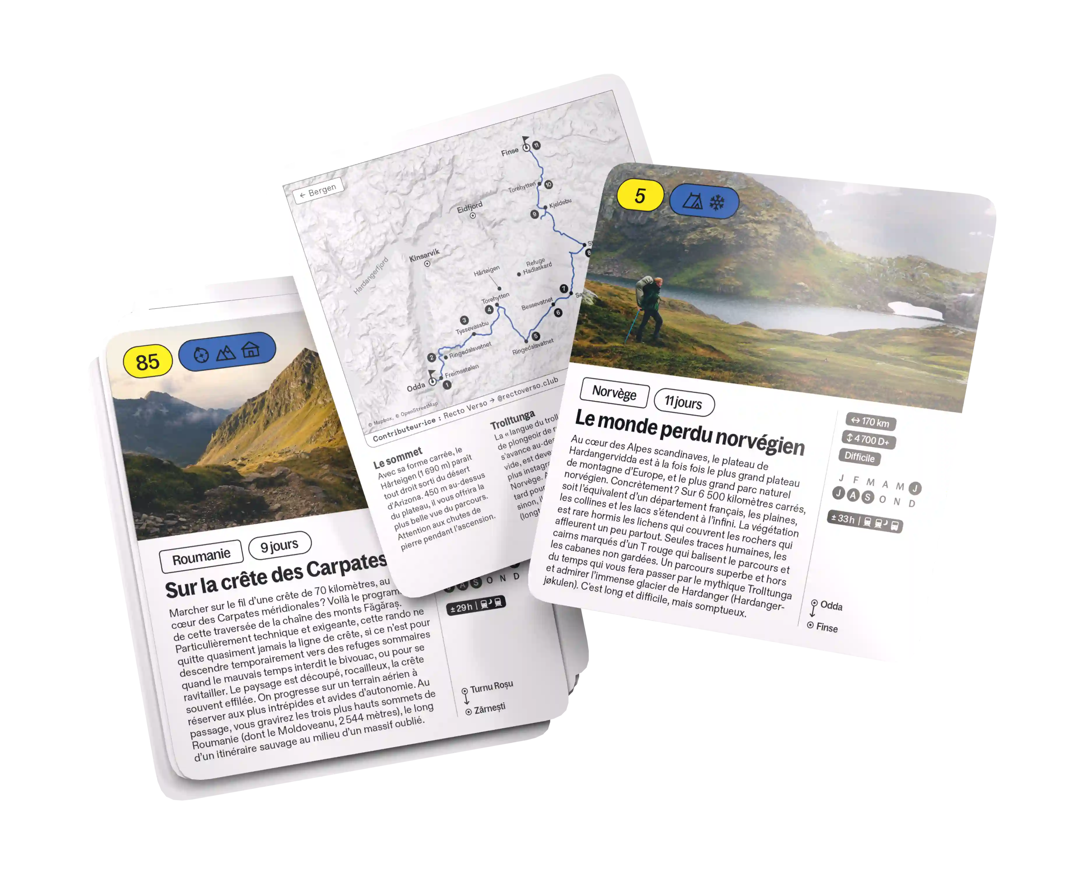 Trois fiches de voyage empilées montrant des itinéraires de randonnée avec descriptions en français, cartes et photos de montagnes.