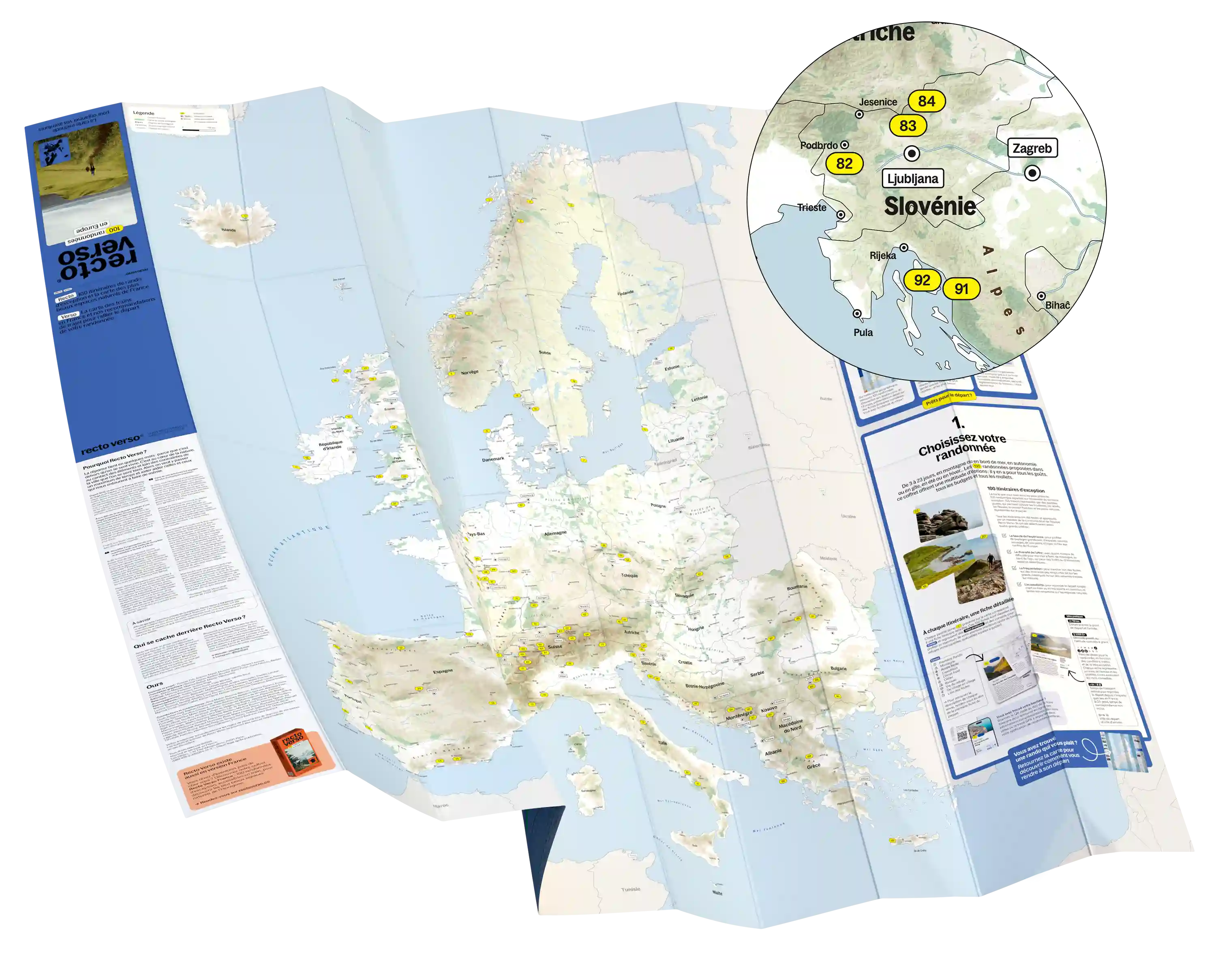 Carte pliée de l'Europe avec des points jaunes indiquant des lieux de randonnée, et un agrandissement circulaire mettant en avant la région de Slovénie avec des chiffres marqués.