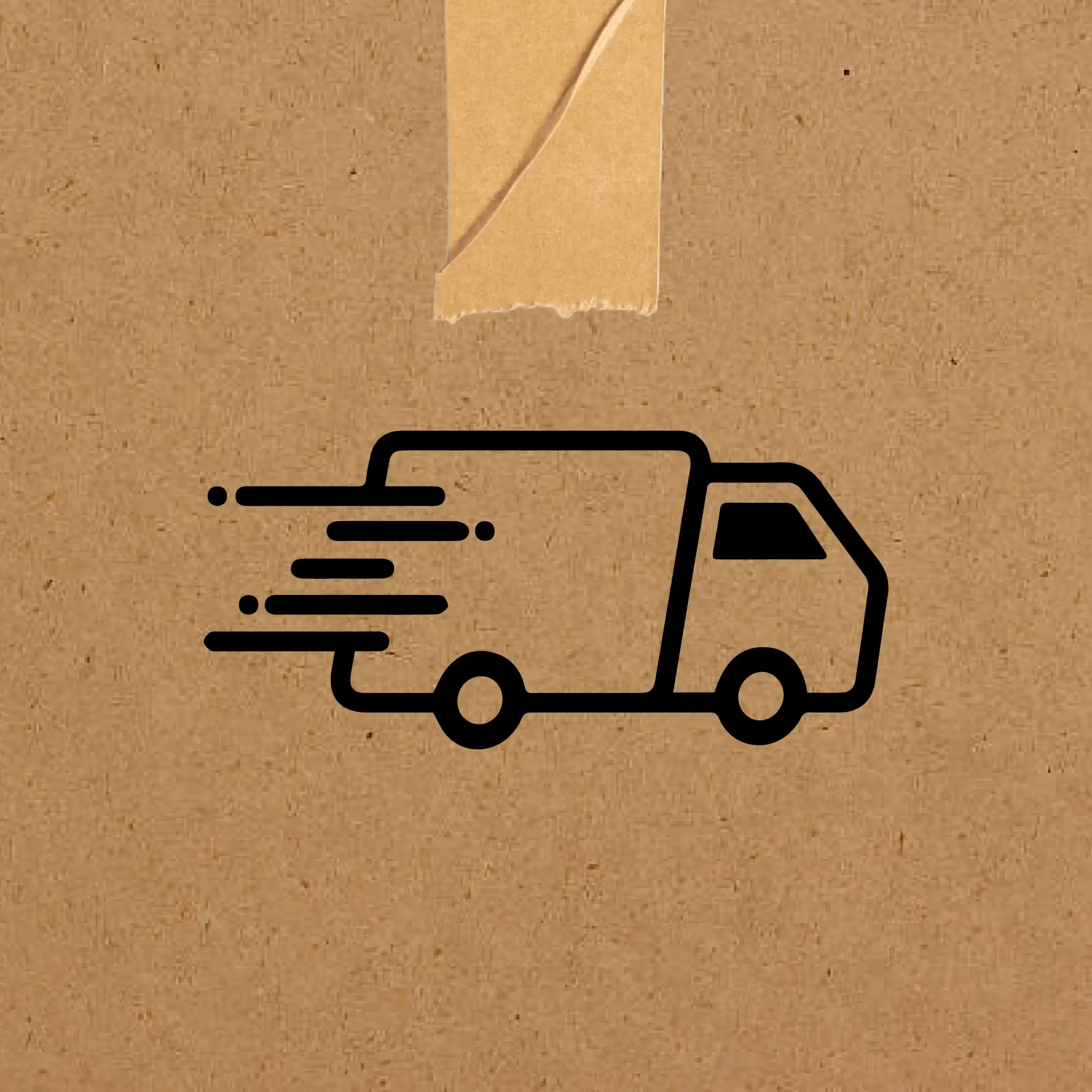 Icône d'un camion de livraison noire avec des lignes indiquant la rapidité, sur un fond carton avec un morceau de ruban adhésif.
