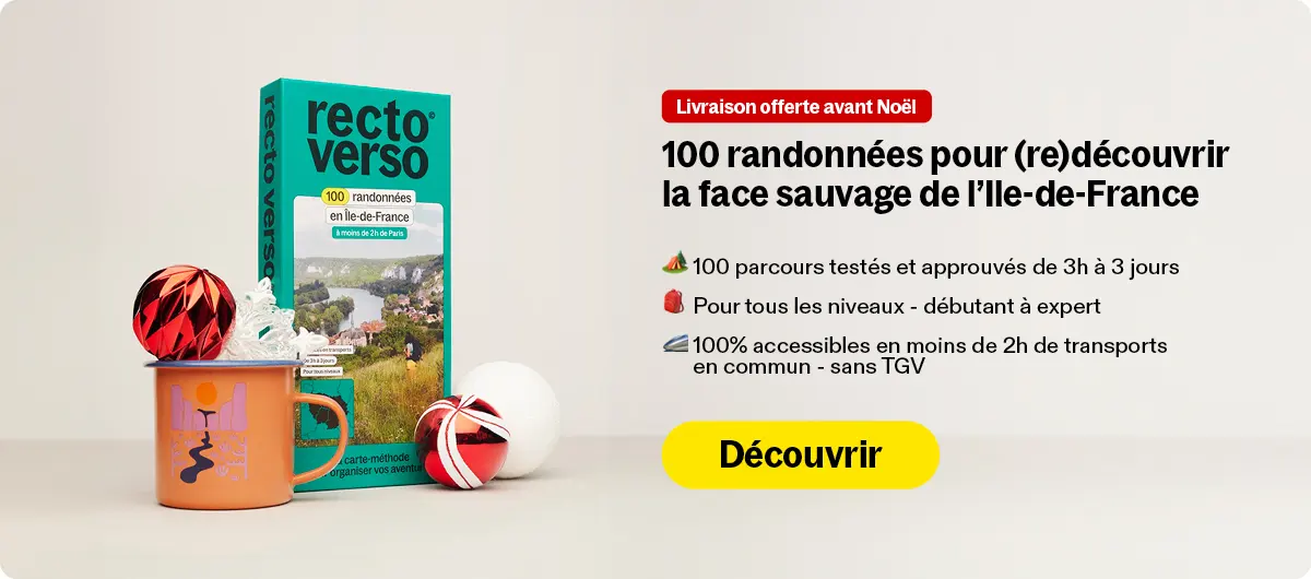 Offre Recto Verso avec un coffret randonnée en Île-de-France, tasse orange et décorations de Noël rouges et blanches.