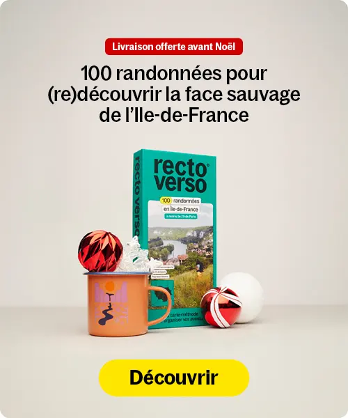 Livre 'recto verso' sur les randonnées en Île-de-France avec une tasse orange, de la chantilly et des décorations de Noël.