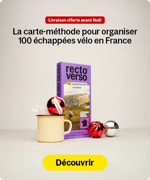 Carte méthode recto verso pour organiser 100 aventures à vélo en France avec une tasse jaune et des boules de Noël rouges et argentées.