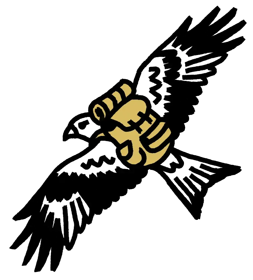 Illustration d'un oiseau noir et blanc en vol portant un sac à dos beige.