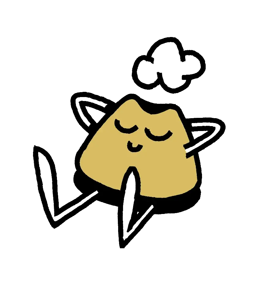 Illustration d'un volcan cartoon jaune allongé, allongé avec un sourire tranquille, les bras derrière la tête et des jambes croisées, avec une petite fumée blanche au-dessus.