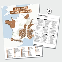 Carte de la France montrant les massifs montagneux avec deux pages listant les massifs et leurs sommets.