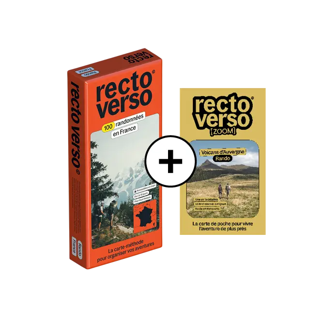 Boîte de cartes Recto Verso pour 100 randonnées en France et carte de poche Recto Verso Zoom Volcans d'Auvergne Rando.