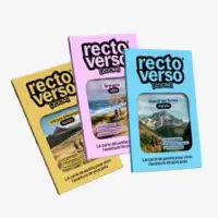 Trois brochures Recto Verso avec des couvertures de paysages naturels en jaune, rose et bleu.