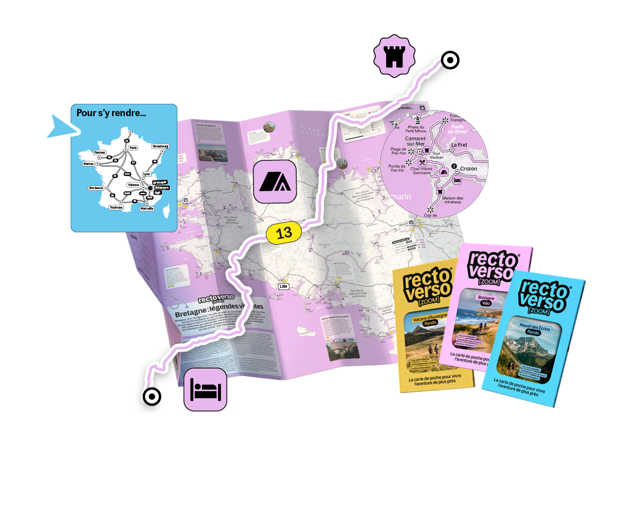 Carte de randonnée pliée et dépliée avec itinéraire numéroté, icônes de camping et hébergement, et plusieurs couvertures de guides recto verso Zoom pour différentes régions.
