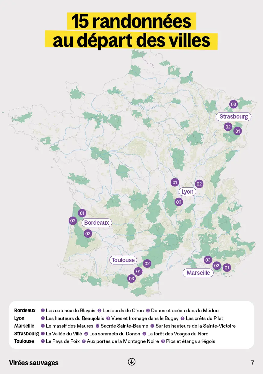 Carte de France montrant 15 destinations idéales pour la randonnée hivernale, avec noms et numéros des sites, et légende décrivant 5 itinéraires détaillés avec durée et niveau de difficulté.