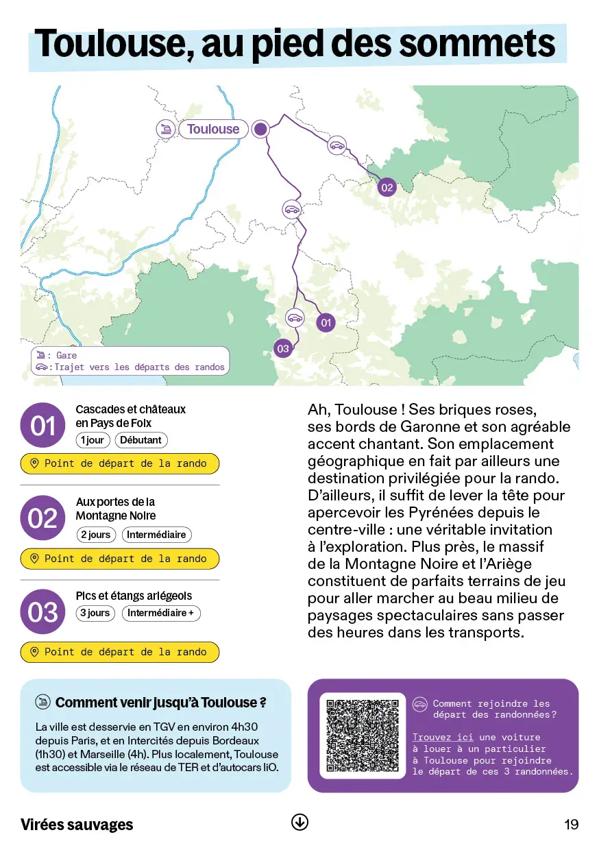 Cabane en bois rustique sous un ciel bleu, avec des encadrés de texte expliquant la prononciation de Queyras, le refuge de la Blanche, et les moyens d'accès en train et bus.