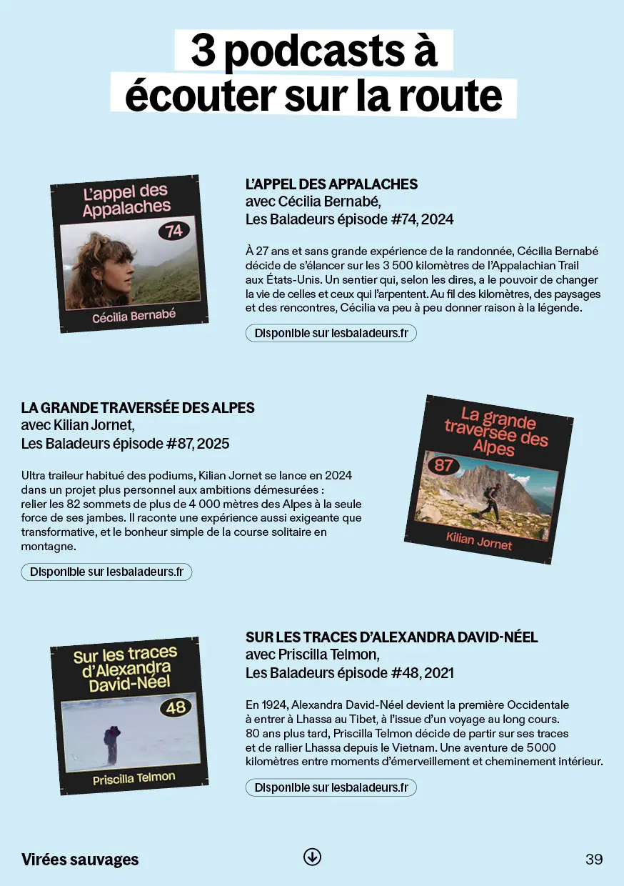 Quatre photos de randonneurs en raquettes dans différents paysages enneigés en montagne, accompagnées de témoignages en français.