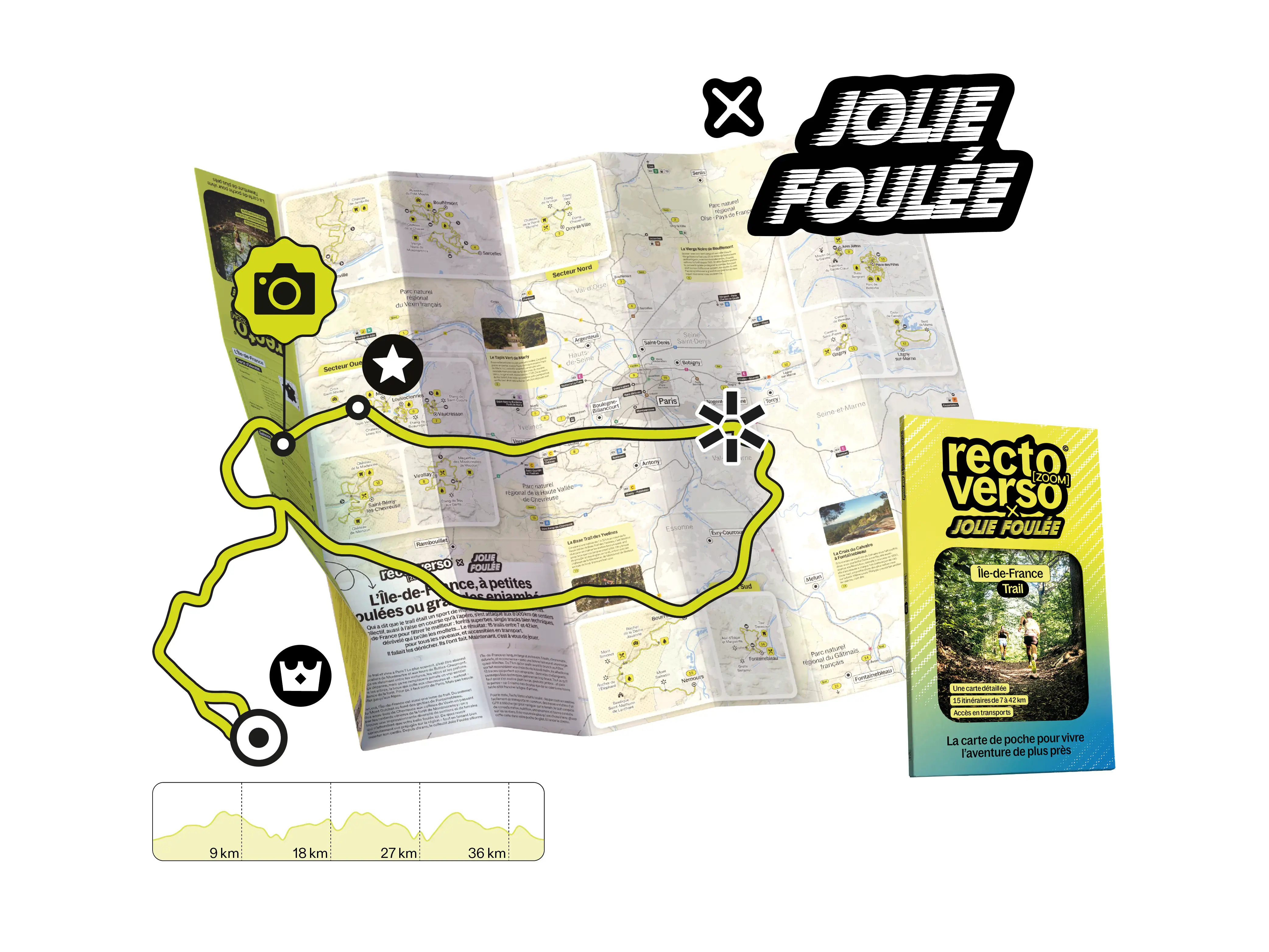 Carte de randonnée pliée et dépliée avec itinéraire numéroté, icônes de camping et hébergement, et plusieurs couvertures de guides recto verso Zoom pour différentes régions.