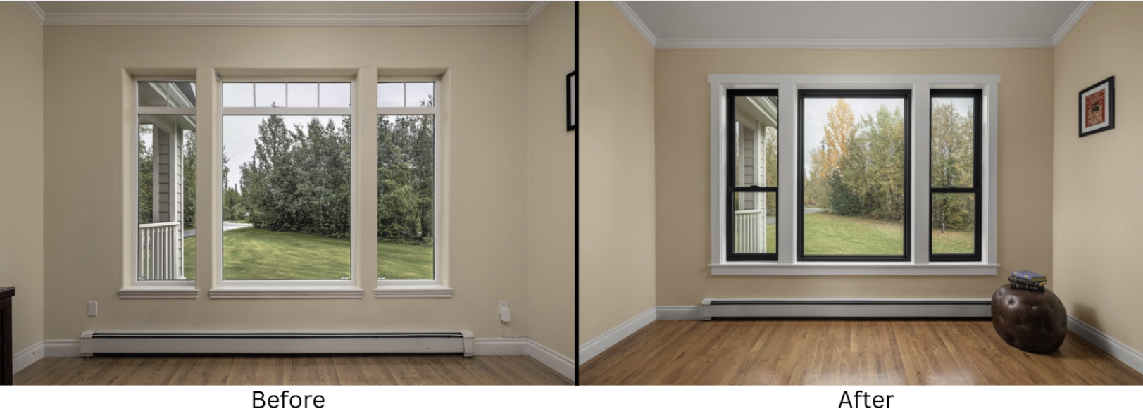 A before and after picture showing a happy customers new and improved window