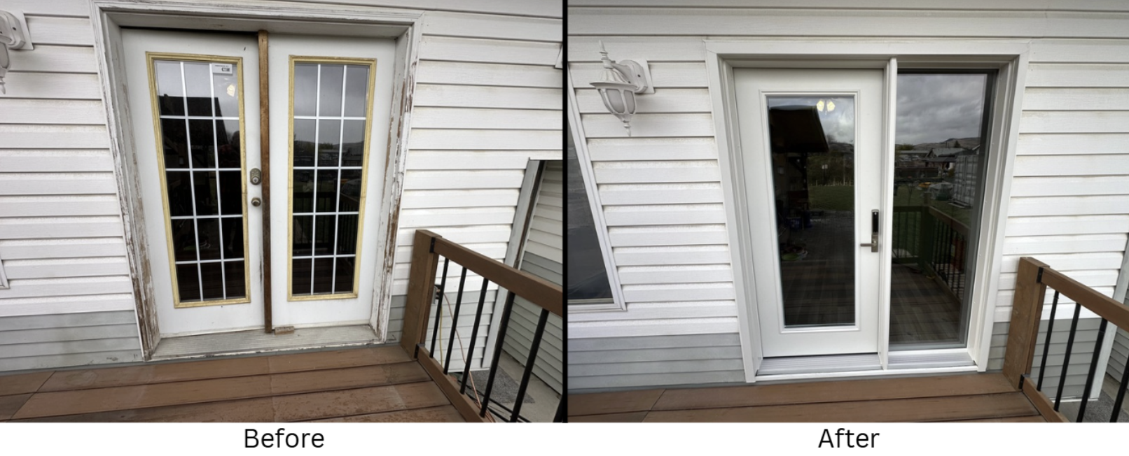 A before and after picture showing a happy customers new and improved door.