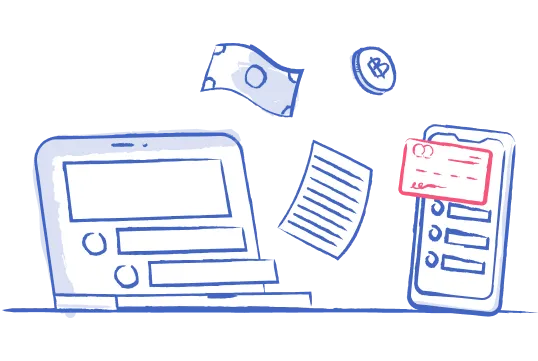 Illustration of a laptop and mobile phone with a credit card and money floating between them
