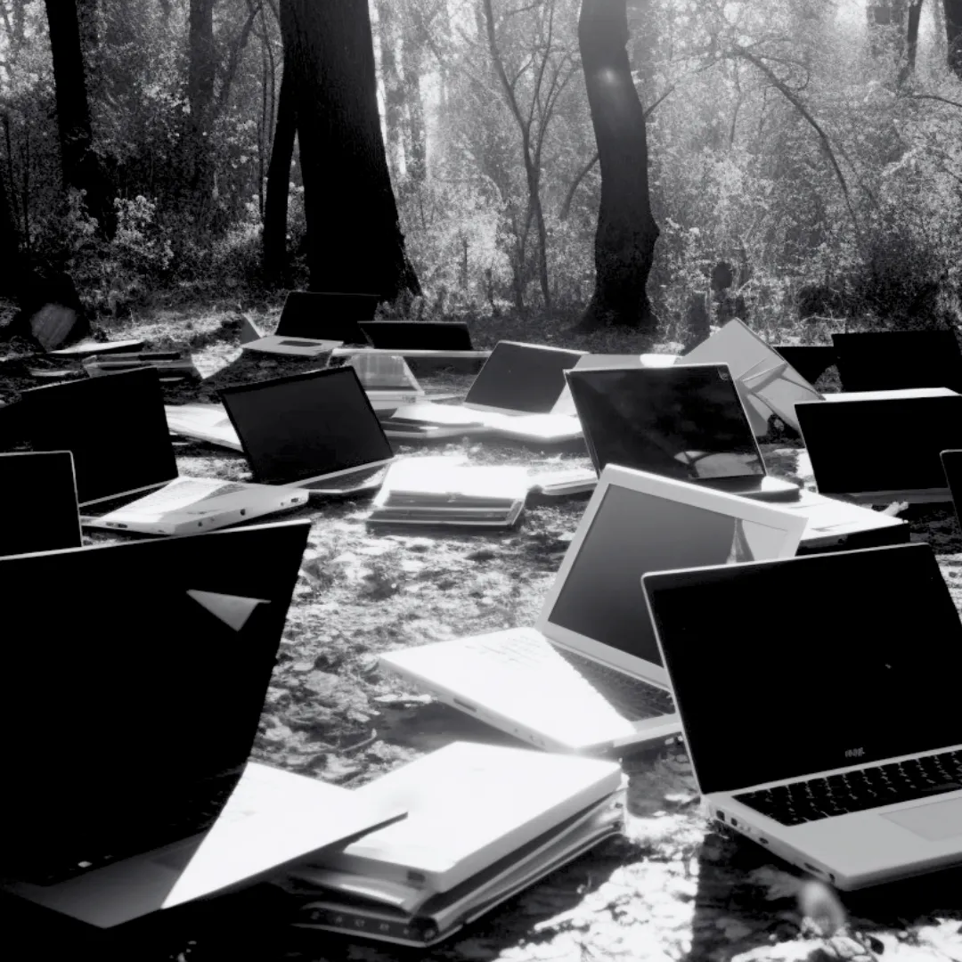 Multiple open laptops in the forest