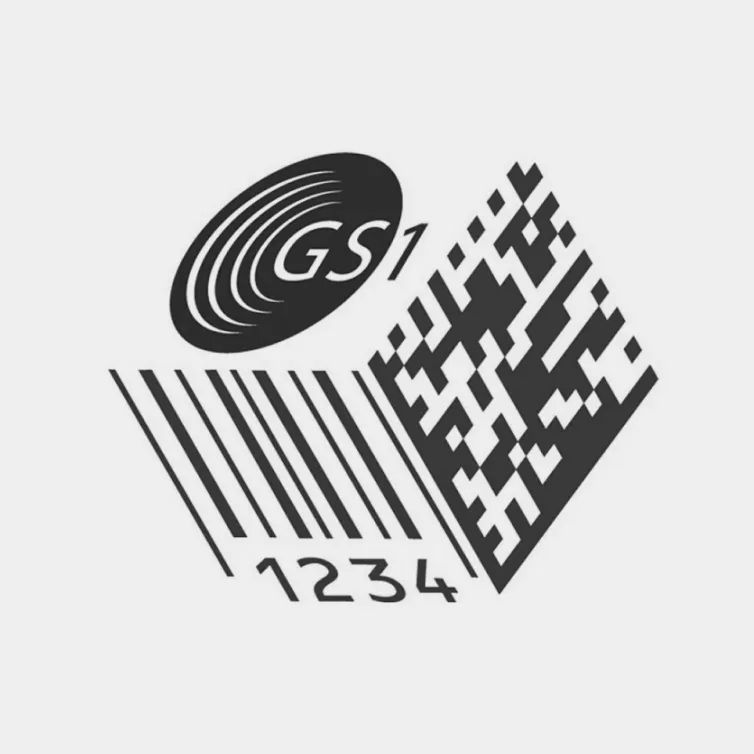 GS1 logo above a barcode reading 1234 alongside a 2D data-matrix code