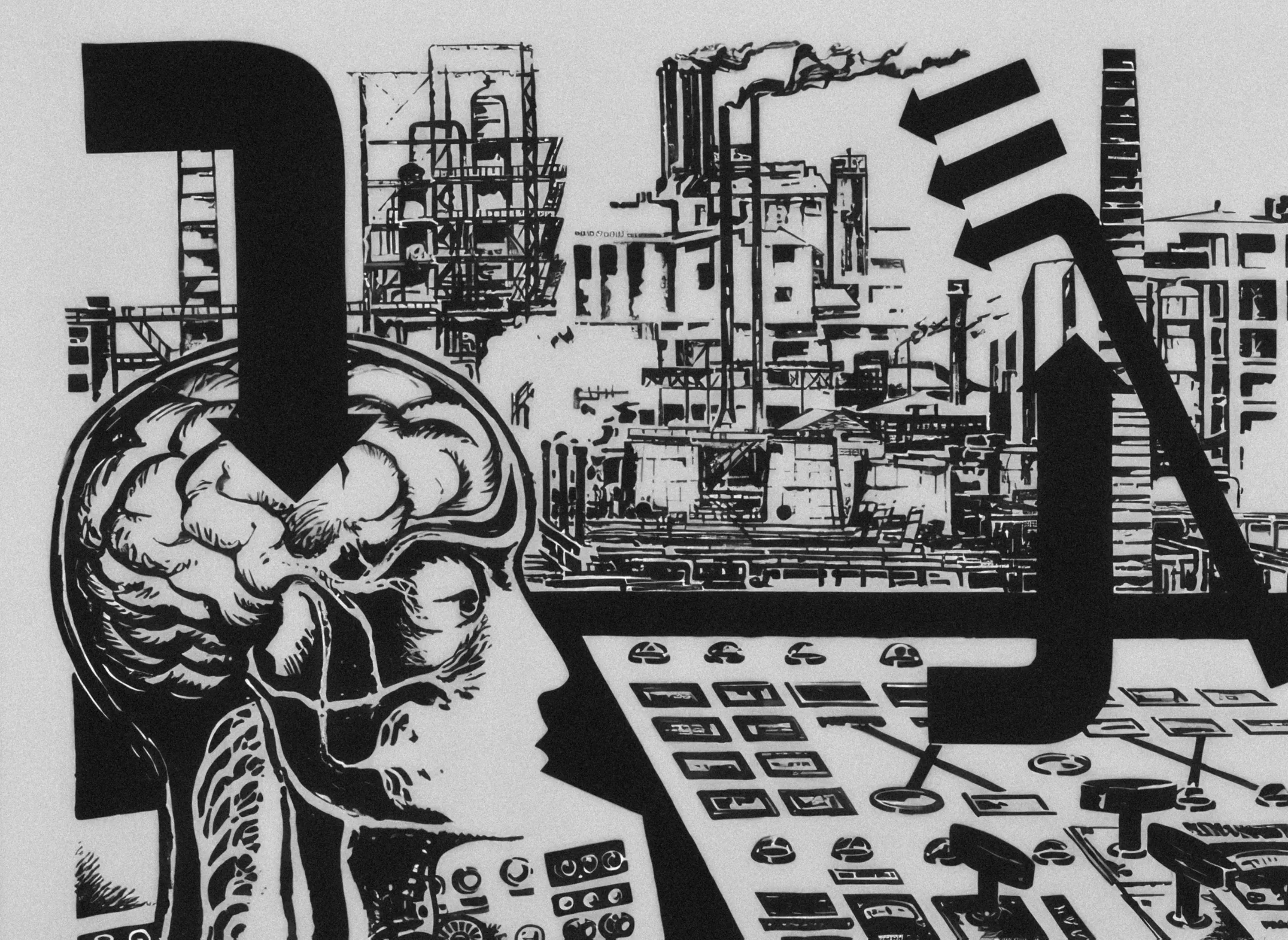 Black-and-white engraving-style illustration of a human head in profile with an exposed brain facing a control panel, an industrial plant in the background