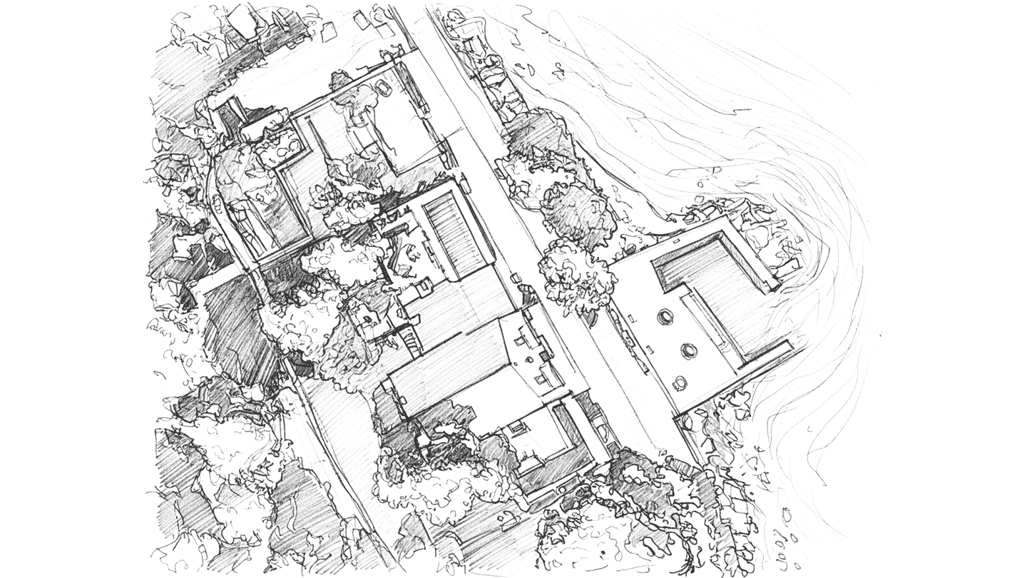 Landscape design sketch of a Mediterranean coastal residence with a private sea deck and garden elements.
